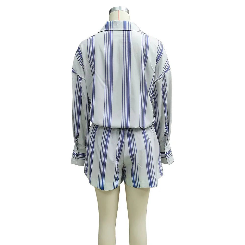 Casual 2 Piece Set For Woman 2025 Spring Summer Fashion Striped Print Shirts Tops And Shorts New In Matching Short Sets Outfits