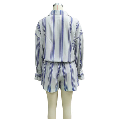 Casual 2 Piece Set For Woman 2025 Spring Summer Fashion Striped Print Shirts Tops And Shorts New In Matching Short Sets Outfits