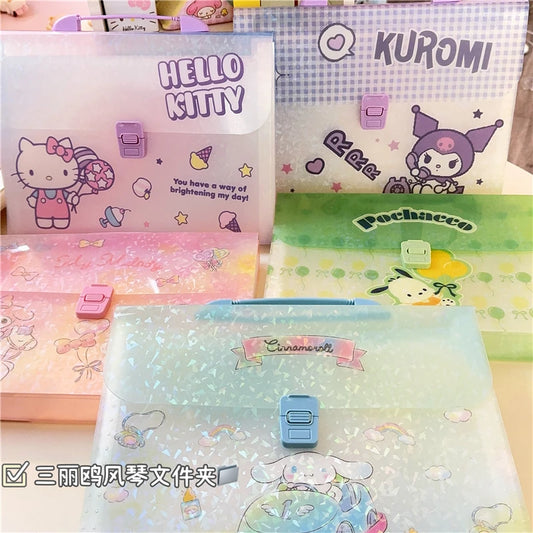 Kawaii Kuromi Hello Kitty A4 Folder Storage Bag Anime Sanrio Cute Portable Accordion Bag Multi-layer Test Paper Storage Bag
