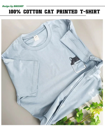 2024 Summer New Pure Cotton Cat Printed Men T-shirts Short Sleeve Casual Solid Color Simple Thin Men Tops BOK0121