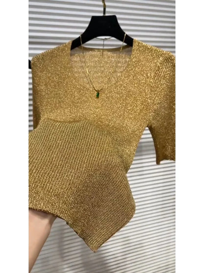 Gold Short-sleeved T-shirt for Women 2025 Summer New Style Chic Slim Ice Silk Knitted Top
