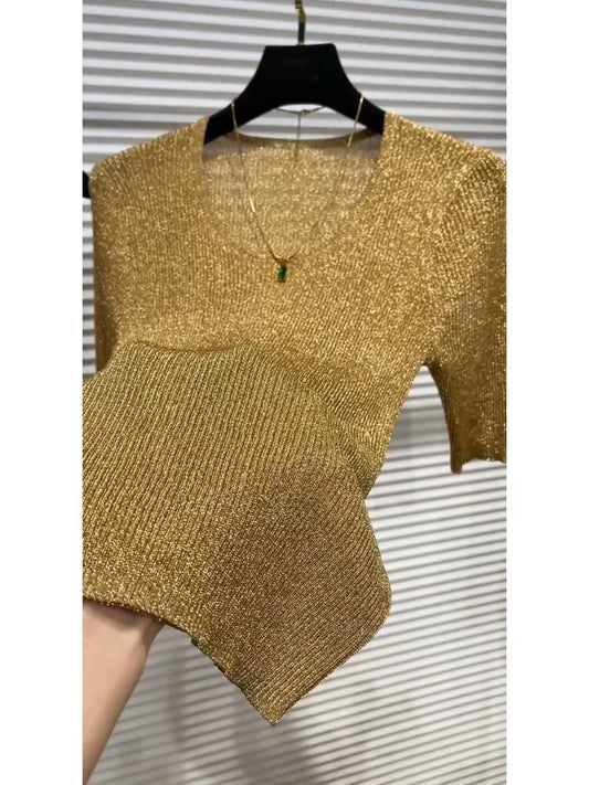 Gold Short-sleeved T-shirt for Women 2025 Summer New Style Chic Slim Ice Silk Knitted Top