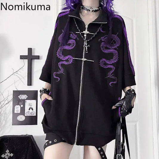ストリートウェア パンク パーカー コート レディース 服 プリント ジッパー 半袖 スウェットシャツ カジュアル ファッション 夏 オーバーサイズ パーカー Y2K トップス