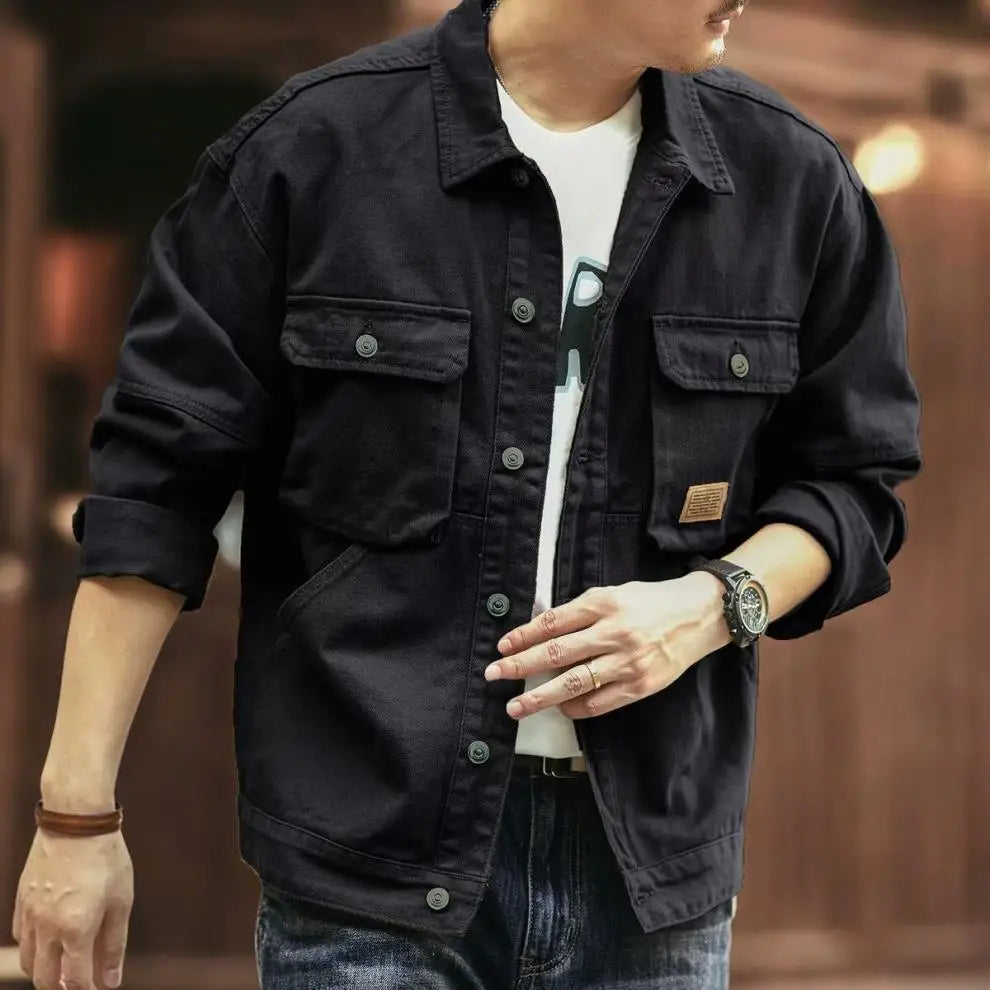 American Retro Denim Jacket Men's Autumn and Winter Trendy Brand Heavyweight Washed Lapel Jacket Trendy and Cool French Workwear
