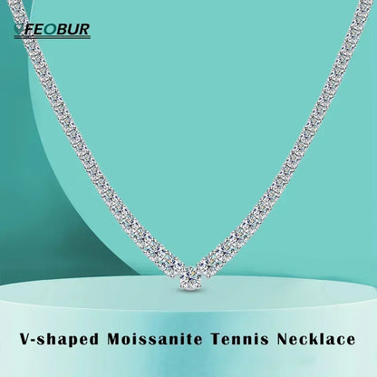FEOBUR V-shaped Full Moissanite Tennis Necklace for Women Wedding Party Jewelry with 925 Sterling Silver Neck Chain Choker