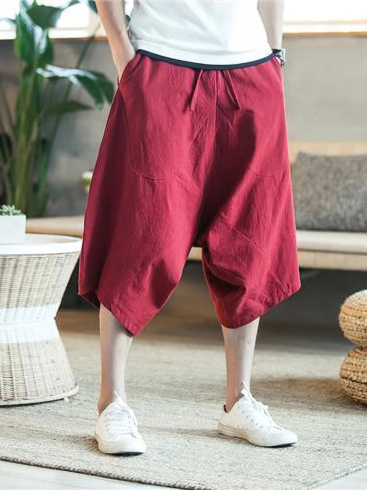 夏用薄手ビーチコットンリネンカジュアルショーツ メンズ ジャパニーズワイドレッグバギーカプリパンツ 男性用スポーツランニングショーツ 2025年新作