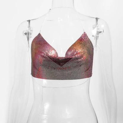 Glitter Metal Sequins Crop Tops For Women Sexy V Neck Backless Halter Tank Top Rave Party Nightclub Camisole Croppe