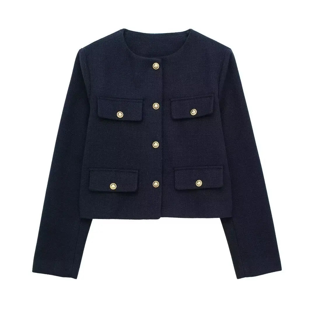 TRAFZA Women Vintage Solid Coat Button Long Sleeve O Neck Jacket With Pocket 2024 Autum Elegant Female Casual Outerwear Jakcet