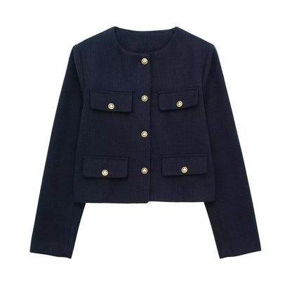 TRAFZA Women Vintage Solid Coat Button Long Sleeve O Neck Jacket With Pocket 2024 Autum Elegant Female Casual Outerwear Jakcet