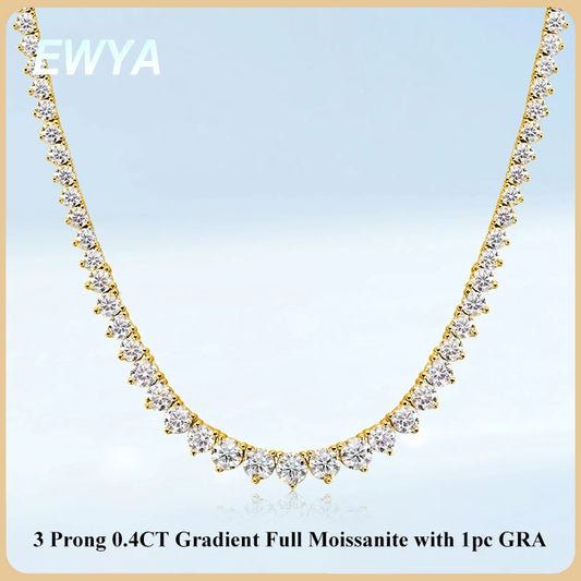 EWYA 3 Claw 0.4CT Gradient Full D Color VVS Moissanite Tennis Necklace for Women 925 Silver Plated 18k GRA Certified Neck Chain