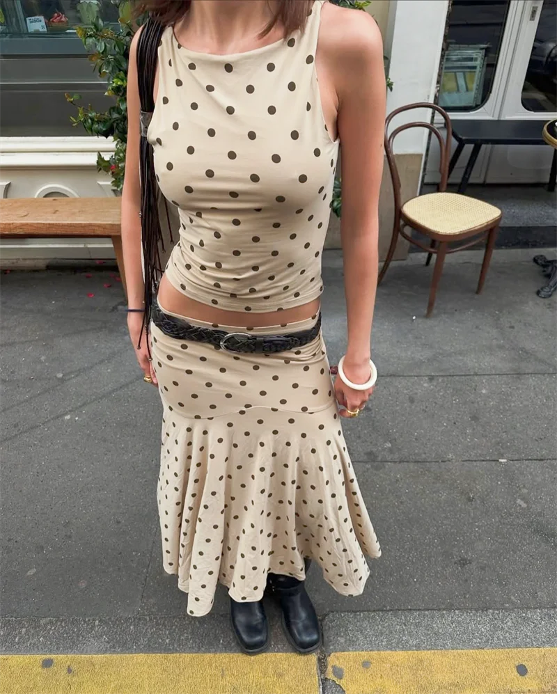Absobe Polka Dot Y2K Skirt 2 Piece Set Women's Sleeveless Tank Top Fashion Irregular A-Line Skirt Slim Suit Summer Casual Outfit