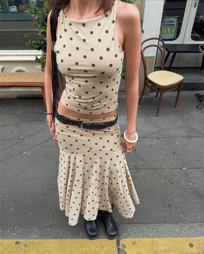Absobe Polka Dot Y2K Skirt 2 Piece Set Women's Sleeveless Tank Top Fashion Irregular A-Line Skirt Slim Suit Summer Casual Outfit