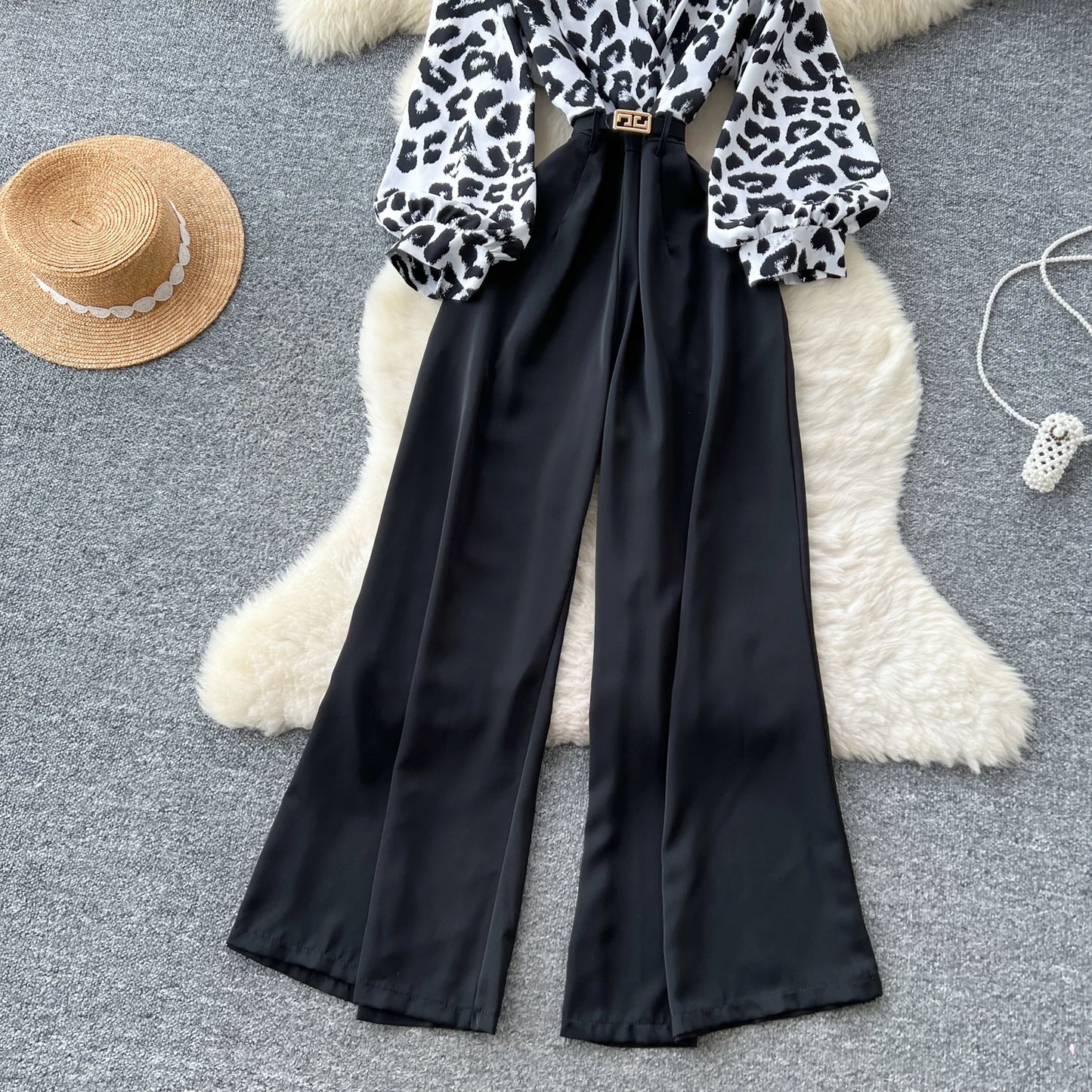 SINGREINY Autumn Leopard Long Jumpsuits V Neck Long Sleeves Belt Wide Legs Pants Women American Retro Senior Office Lady Rompers