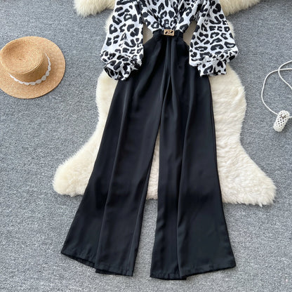 SINGREINY Autumn Leopard Long Jumpsuits V Neck Long Sleeves Belt Wide Legs Pants Women American Retro Senior Office Lady Rompers