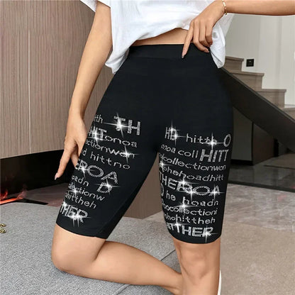 ブラックストレッチラインストーンスキニーホットパンツ レディースレギンス パールレター入り ホットドリル ニー丈伸縮パンツ スリムヨガレギンス