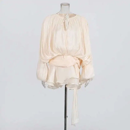 TWOTWINSTYLE Solid Blouse Mini Dresses For Women V Neck Long Sleeve Spliced Lace Up Sweet Style Dress Female Clothing Fashion