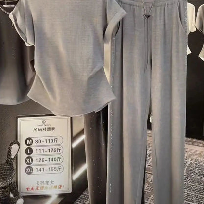Bat Sleeve Summer Round Neck Fashionable Design Slit Slimming Top Long Pants Set Women's Casual Sports Two-piece Set Outfits