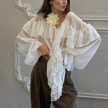 Talenza White Chiffon Shirt Women's Summer V-Neck Sexy See Through Shirt Beach Blouse Fashion Ruffle Patchwork Female Blouse Top
