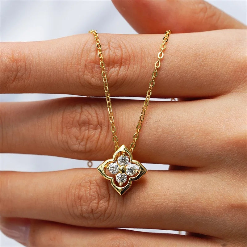 ZFSILVER Trendy Fashion 925 Silver Color D White Moissanite Gold Lucky Clover Necklace Men Charms Women Party Jewelry Gift KJ189