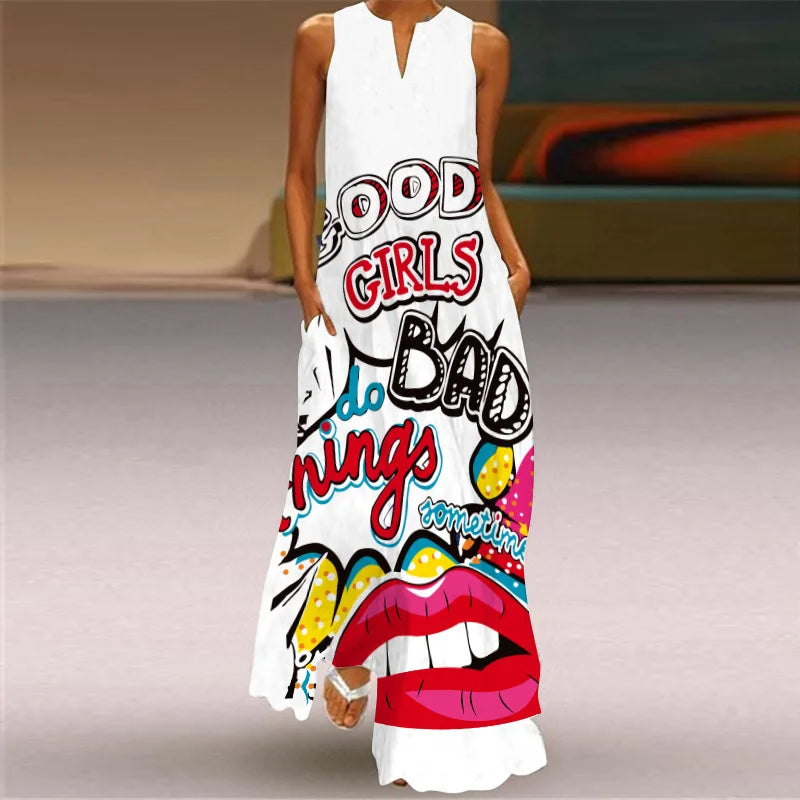 Summer Sexy Maxi Dresses Women Sleeveless V-Neck Robe Party 2025 Retro Loose Beach Vestidos Y2k  S-5XL
