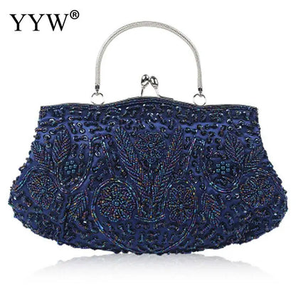 Crystal Beaded Evening Party Clutch Handbag Women Floral Printing Soft Tote Bags Metal Top Handle Wedding Brides Messenger Purse