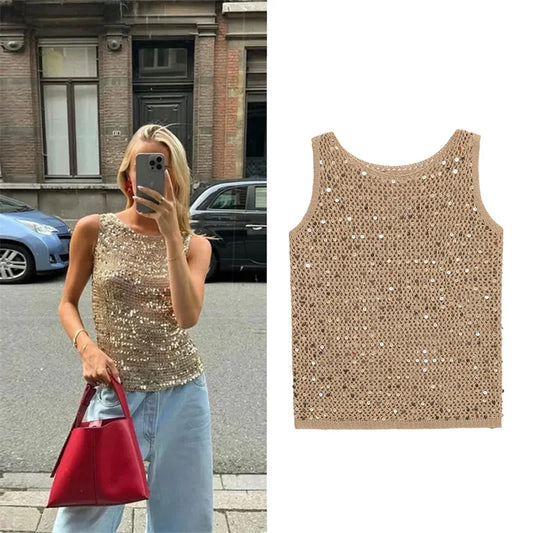 Chic Street Sequin Knitted Shirt Women Sexy Glitter Solid Sleeveless Hollow Vests Top Female 2025 Summer Fashion Retro Tops