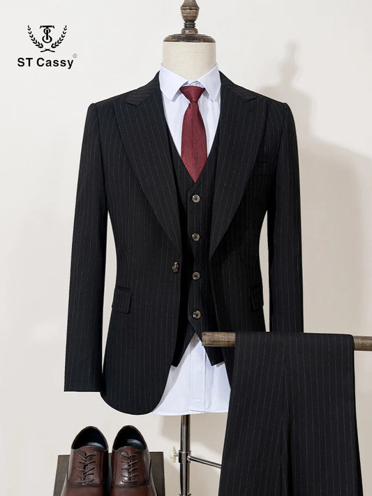 ST Cassy high-quality black striped suit slim fit luxurious and elegant men's business suit wedding fashion clothing 3-piece set