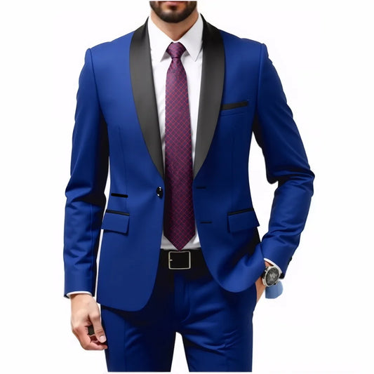 A Two-piece Suit for Men with A Green Collar, A Wedding Suit for The Groom, A Fitted Black Best Man's Suit, and A Wedding Dress