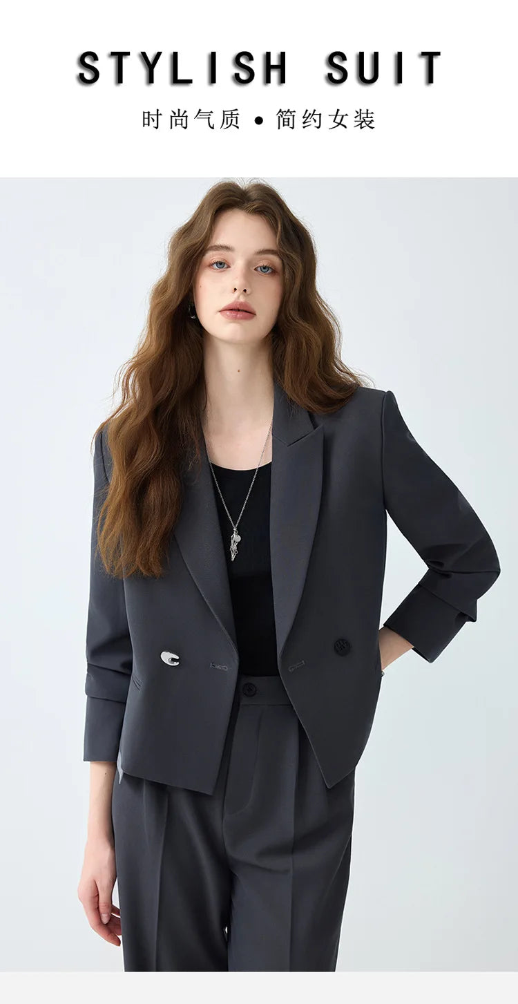 Solid Suits for Women 2025 Spring Fashion Office Ladies Long Sleeve Double Breasted Short Tops Chic Cargo Pant Suits