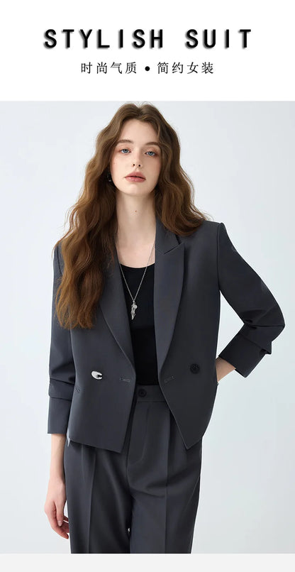 Solid Suits for Women 2025 Spring Fashion Office Ladies Long Sleeve Double Breasted Short Tops Chic Cargo Pant Suits