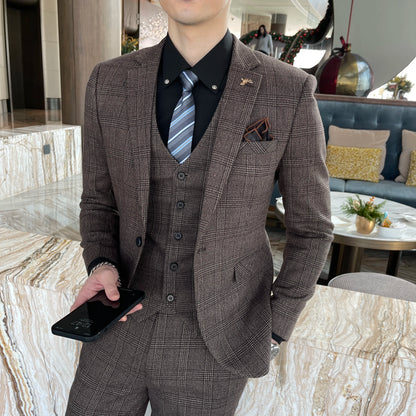 British Korean Style High Quality Modified Plaid Three-Piece Suit for Men - Stylish Business Casual Suit Vest And Trousers Set