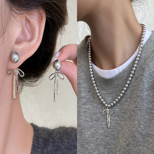 Fashion Grey Imitation Pearl Bow Tie Pendant Necklace for Women Simple Handmade Bow Shaped Earrings Trend Jewelry Set