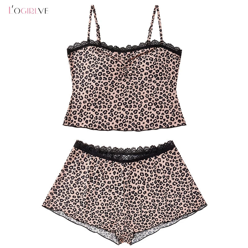 Logirlve Sexy Lace Patchwork Camisoles Backless Retro Leopard Print Halter Top Women's Summer New Sleeveless Outerwear Set