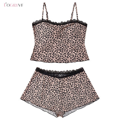 Logirlve Sexy Lace Patchwork Camisoles Backless Retro Leopard Print Halter Top Women's Summer New Sleeveless Outerwear Set