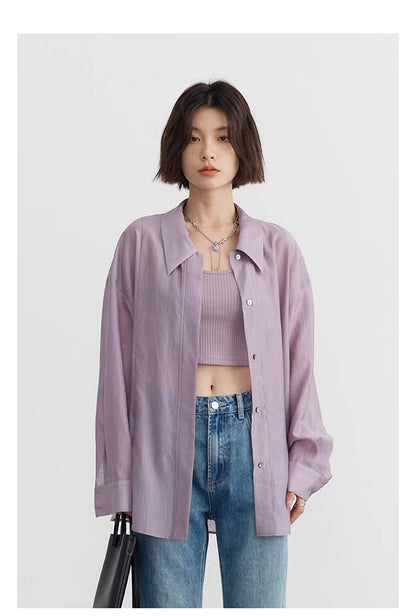 CHIC VEN Women Thin Shirt Long Sleeve Casual Loose Slightly Transparent Cool Blouses Woman Solid Design Female Top Summer 2024