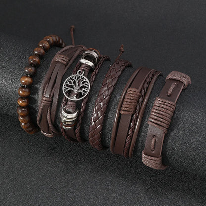 Red 6 Pc/set Tree Black Wrap Woven Handmade Wood Beads Bracelets Male Women Leather Bracelets Men Bangle Wholesale Jewelry Gift