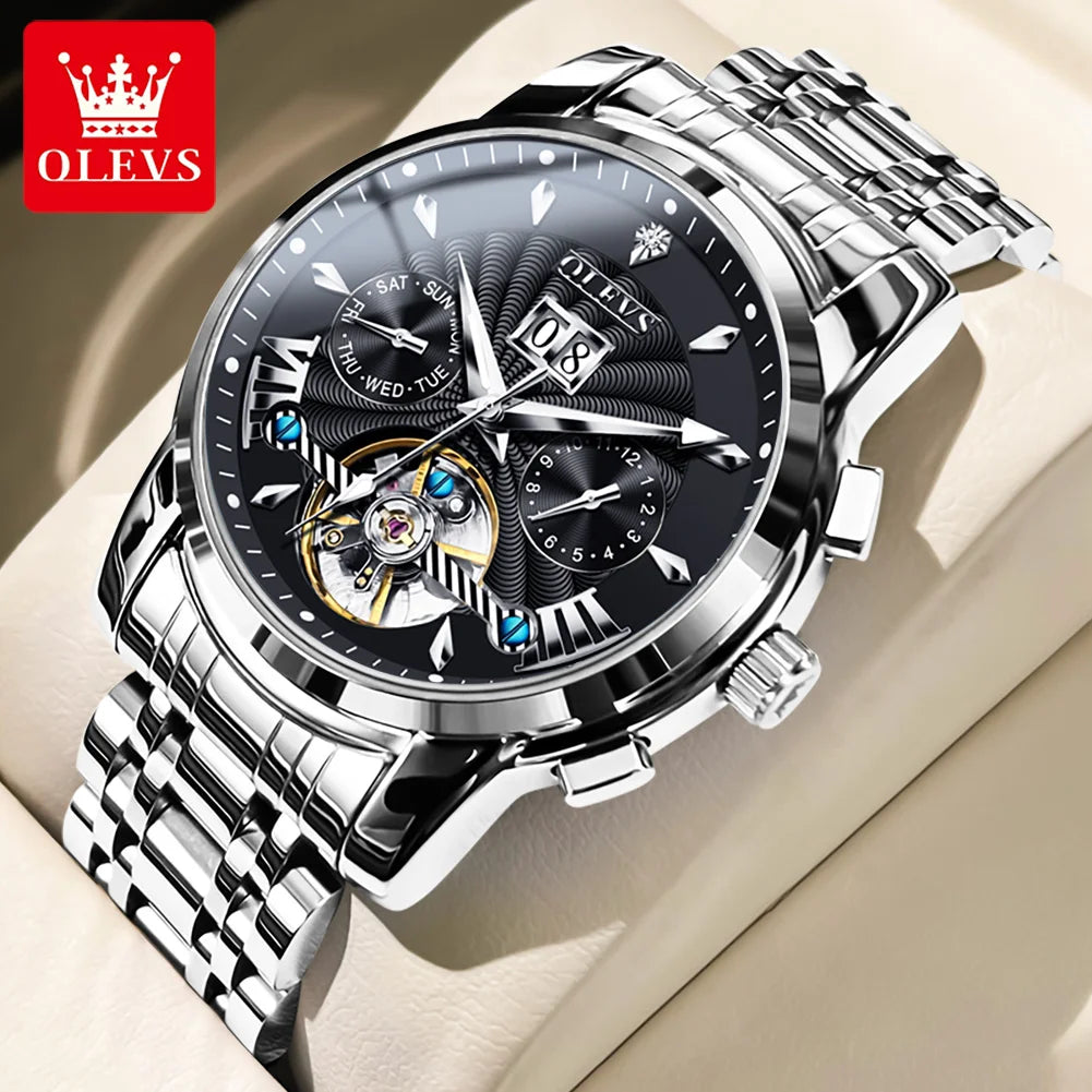 OLEVS 9965 Mechanical Watch for Men Tourbillon Dial Dual Calendar Display Luminous Automatic Mechanical Men's Watch
