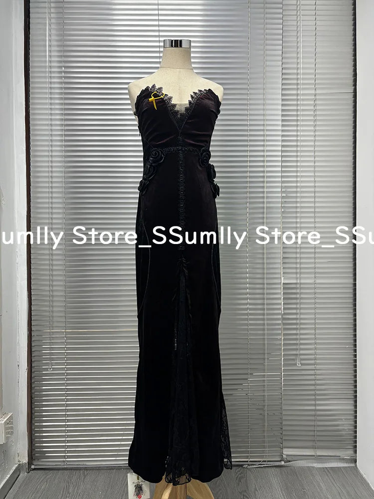 Summer Gothic Grunge Y2k Lace Dress Women Dark Academia Sexy Slim Party Dresses Korean Fashion Design Festival Long Prom Dress