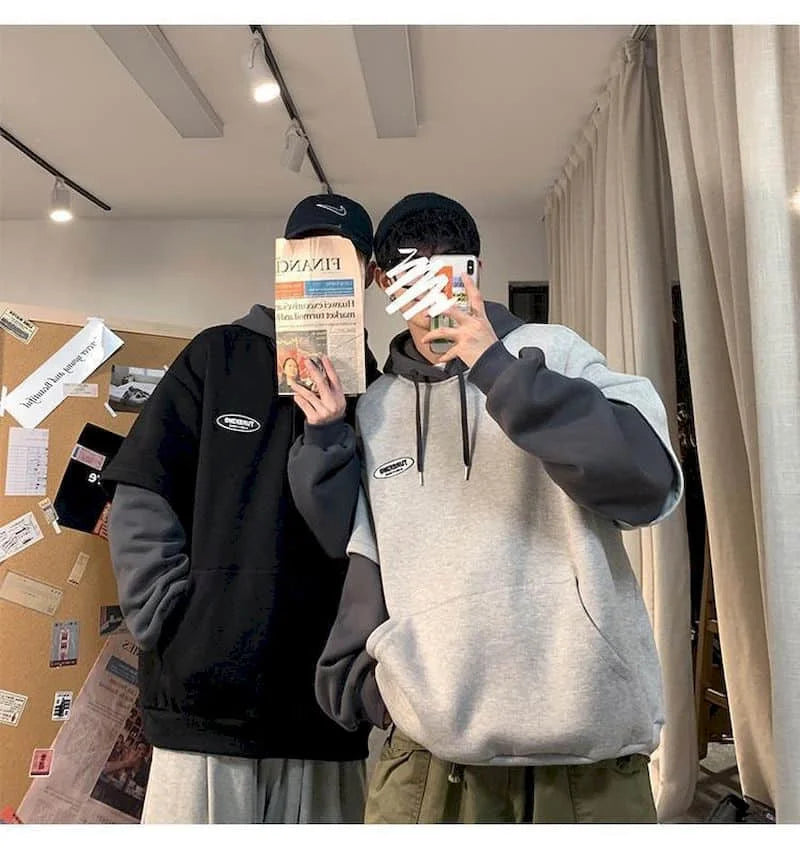 Hoodies men fake two-piece sweatshirt autumn stitching Korean loose contrast color hooded long-sleeved black  white gray design