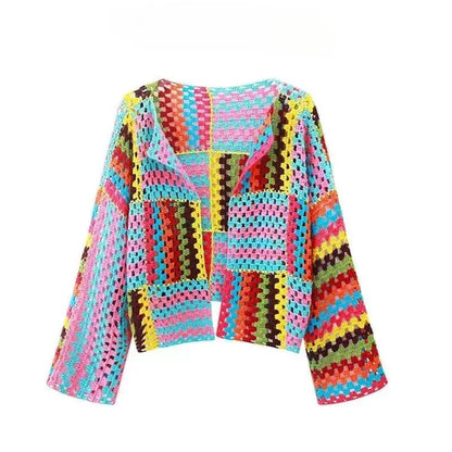 SALIENCY Colorful Crochet Knit Hollow Cardigan Sweater Jacket Women Spring Top Loose Short Knitwear