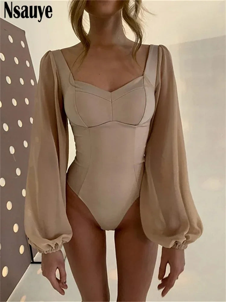 Nsauye 2022 Autumn Summer Sheath Long Puff Sleeve Skinny Women Rompers Bodysuits Y2K Square Collar Fashion Jumpsuit Body Tops