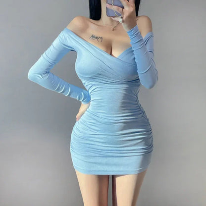 韓国風 春夏 スリムフィット 長袖 ベースレイヤー ミニドレス セクシーでスタイルアップ 快適なボディコンワンピース