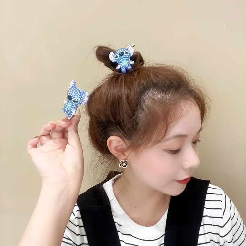 Stitch Kawaii Full Diamond Hair Clip Hairpin Rhinestone Hair Ring Cute Cartoon Hair Tie Rubber Band A Birthday Gift for Girls