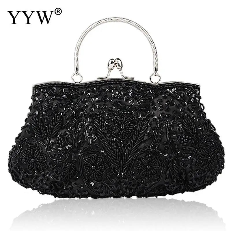 Crystal Beaded Evening Party Clutch Handbag Women Floral Printing Soft Tote Bags Metal Top Handle Wedding Brides Messenger Purse