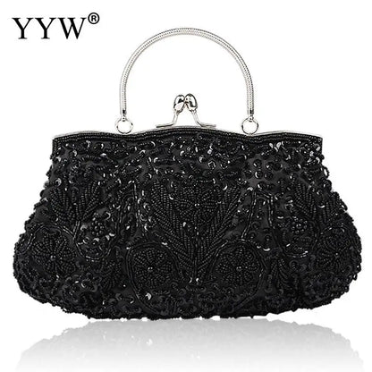 Crystal Beaded Evening Party Clutch Handbag Women Floral Printing Soft Tote Bags Metal Top Handle Wedding Brides Messenger Purse
