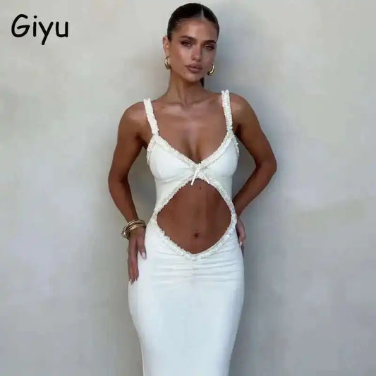 Giyu Sexy Evening Club Party Dresses Women 2025 Summer Sleeveless Backless Hollow Out Maxi Long Dress Elegant Bodycon White Robe