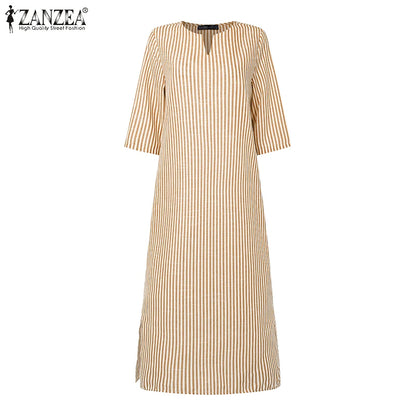 2025 Autumn Striped Dresses ZANZEA Fashion Women V Neck Long Sleeve Work Dress Elegant Office OL Sundress Maxi Long Vestido Robe