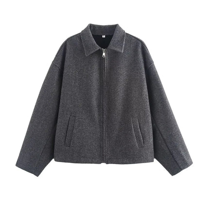 Autumn and winter fashion lapel long-sleeved zipper woolen coat 2024 European and American loose casual jacket