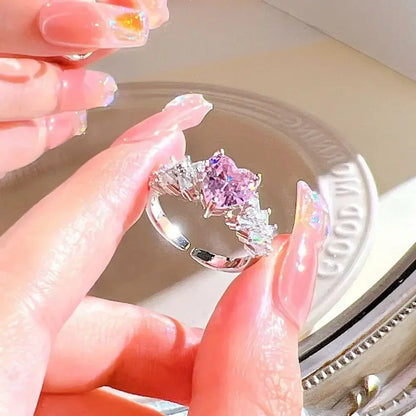 Adjustable Crystal Rings Y2K Pink Irregular Geometry Vintage Bowknot Heart Ring Set for Women Girl 2023 New Fashion Jewelry Gift