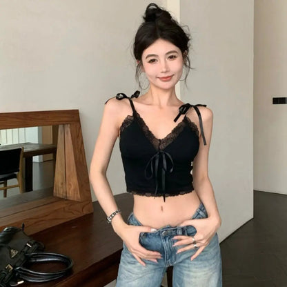 Sensually Innocent Style Ribbon Lace Camisole Slim Fit Ballet Summer Tube Top with Breast Pad INS Hip Hop Short Tank Women Girl